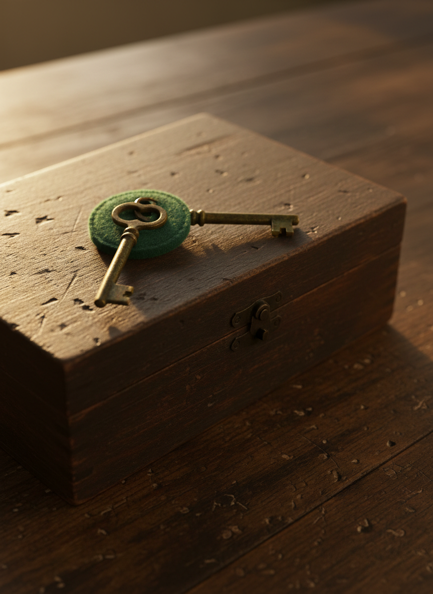 A solitary pair of aged, brass keys with a tarnished finish and a green felt keychain, placed atop a closed lockbox made of dark, battered wood. The desk beneath is worn with visible grain and subtle scratches. Warm evening light slants across the scene from the left, illuminating key details and producing elongated shadows, evoking hope and secrecy. Photographed from a slightly elevated angle, sharp focus is maintained on the keys and box, with the background softly blurred. The artistic style is minimalist yet rustic, supporting themes of trust and safeguarding oneself during recovery.